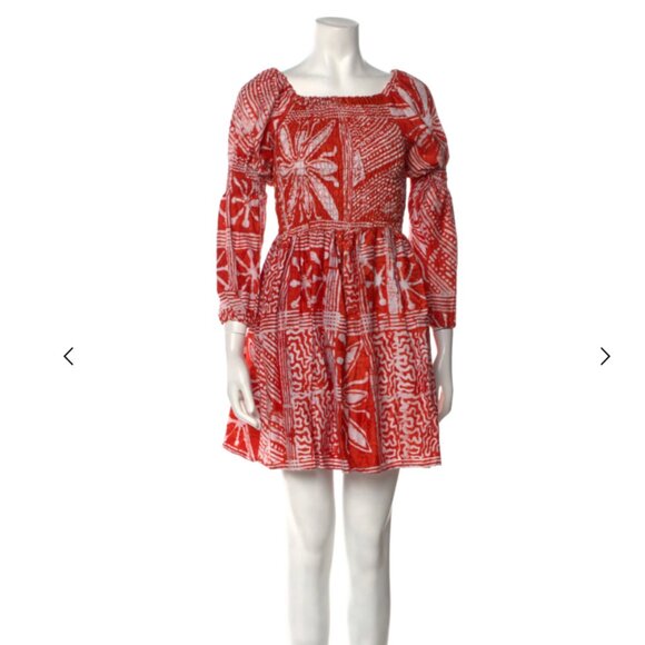Busayo Red Orange Print Puff Sleeve Square Neck Boho Cotton Mini Dress XS - Picture 2 of 5